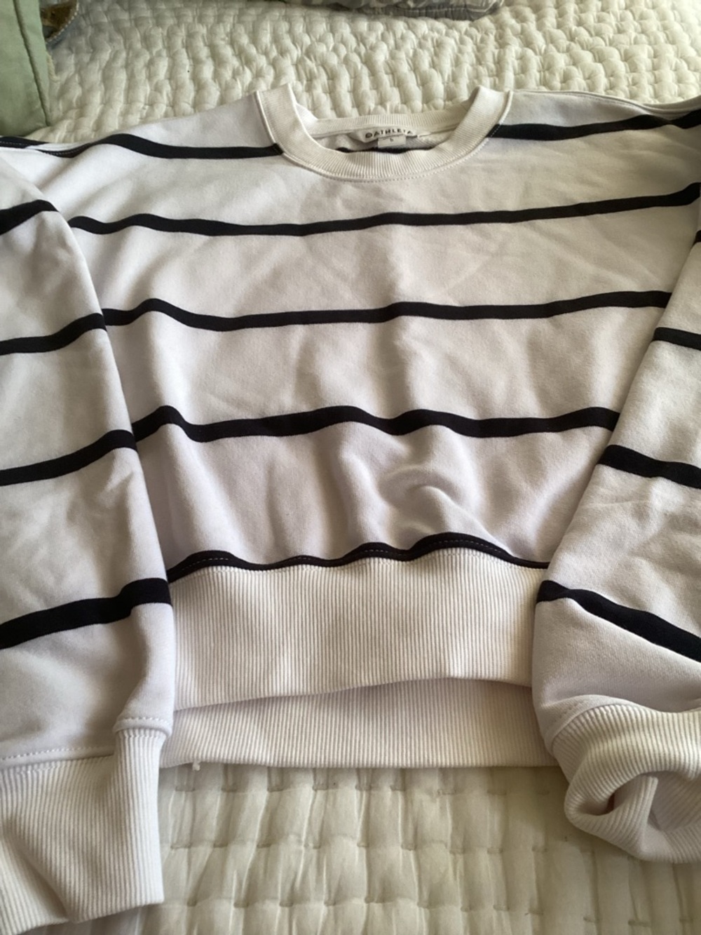 Athleta White Sweatshirt with Navy Stripe Detail